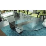 POST MODERN MANNER DINING TABLE, abstract support with tempered glass top, 220cm x 100cm x 75cm H.