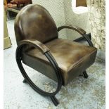 ARMCHAIR, Art Deco style in dark brown leather on a metal frame, 63cm W.