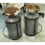 BAR STOOLS, a pair, in the form of milk churns with cowhide seats, 66cm H.