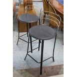 BAR STOOLS, a pair, contemporary design, black seats on chrome metal supports, 42cm W.