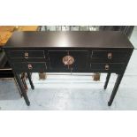 CONSOLE TABLE, Chinese style in black with four drawers and cupboard below on square supports,