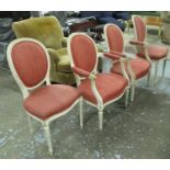 DINING CHAIRS, a set of four (two +two carvers), French style oval backs in rustic red fabric,