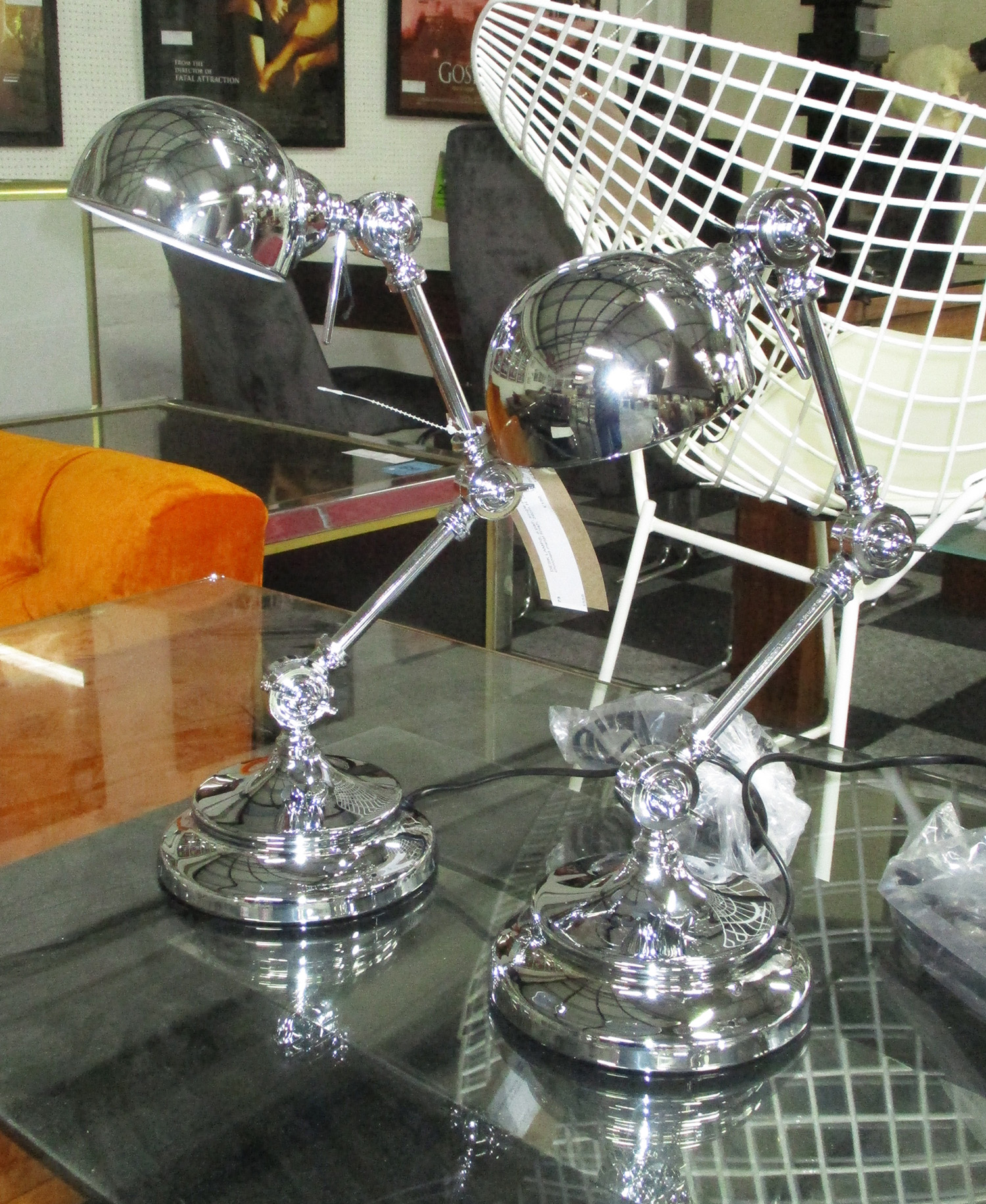 DESK LAMPS, a pair, single-poise style in chromed metal finish, 39cm H.