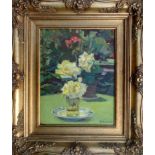 NIKOLAI TOLKUNOV (1917-1996) 'White Roses', oil on board, 1960's, 36cm x 28cm, framed.