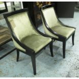 DINING CHAIRS, a set of five, from India Jane in a gold fabric on ebonised square supports, 56cm W.