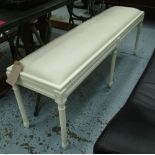 STOOL, Louis XVI style, white framed and upholstered in calico, 155cm W x 40cm D.