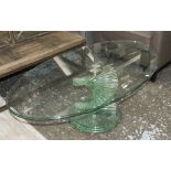 DESIGNER LOW GLASS TABLE, oval plate glass top round spiraled glass base, 40cm H x 116cm L x 64cm.