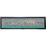 KEN DAVIS 'Dubai Skyline', mixed media on board, signed, 38cm x 165cm, framed.