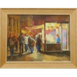 SERGEI MENYAYEV (b.1953) 'Night Kiosk', oil on canvas, 30cm x 40cm, framed.