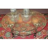 LOW TABLE, Italian patinated metal, circa 1980, with circular bevelled glass top,