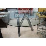 DINING TABLE, contemporary with circular glass top on chromed metal triform support, 160cm diam.