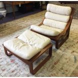 T4 LOUNGE CHAIR AND FOOTSTOOL, teak and cream leather circa 1973, designed by Fred Lowen for Tessa,