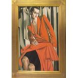 AFTER TAMARA DE LEMPIKA 'Lady in Red', oil on canvas, 90cm x 59cm, framed.