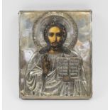 RUSSIAN ICON, portraying Christ Pantocrator, with hallmarked silver oklad, 26.5cm H x 22cm W.