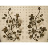 WALL LIGHTS, a set of six, circa 1900, patinated metal with leaf and flowerhead decoration, 45cm H.