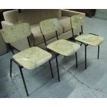 1960'S UTILITY CHAIRS, a set of three, with decorative map detail on metal tubular supports, 45cm W.