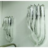 WALL SCONCES, a pair, two branch in chromed metal with crystal drops, 38cm H.