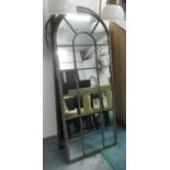 GARDEN MIRRORS, a pair, architectural style, with arched tops on distressed metal frames,