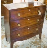 HALL CHEST, Regency mahogany of adapted shallow proportions with three long drawers,