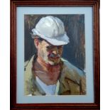 VIKTOR KOSHEVOI (1924-2006) 'Portrait of a Builder', oil on board, 1960, 32cm x 24cm, framed.