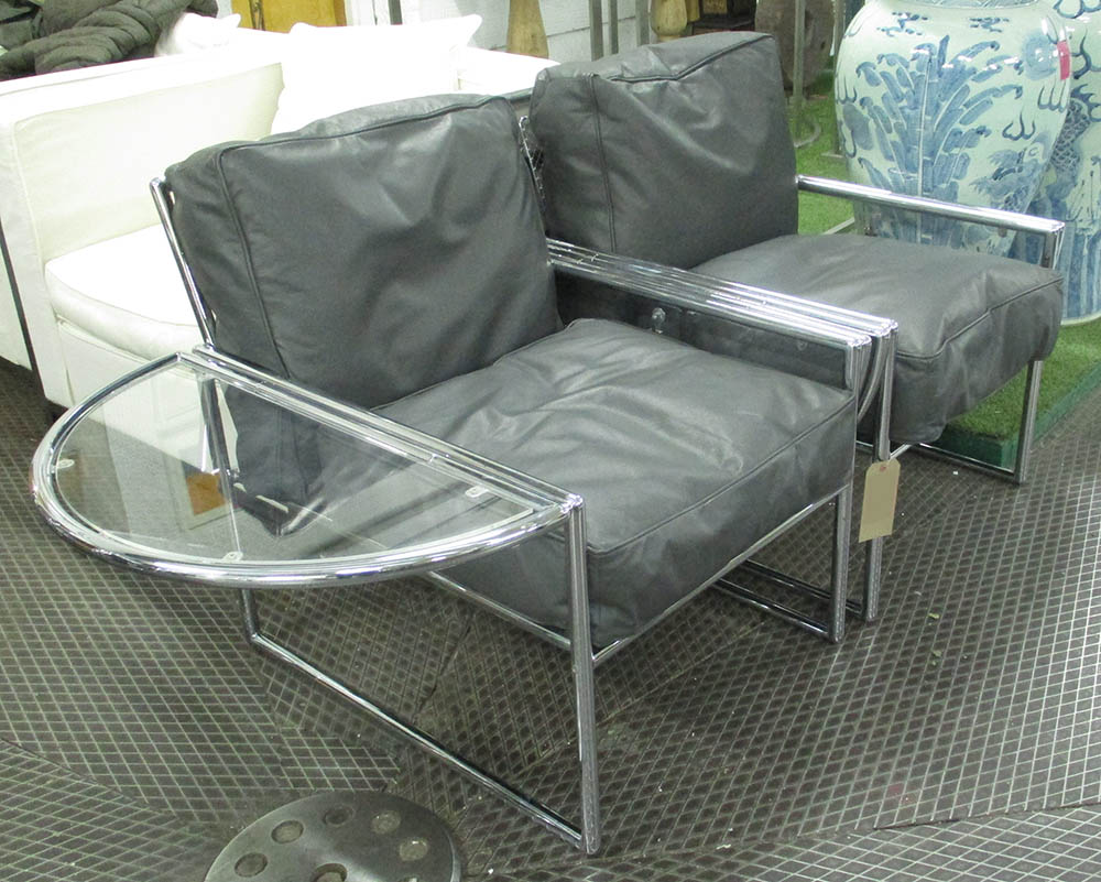 ARMCHAIRS, a pair, grey leather and tubular and mesh chrome frames,