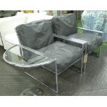 ARMCHAIRS, a pair, grey leather and tubular and mesh chrome frames,