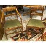 DINING CHAIRS, a set of six, Regency mahogany including two armchairs with green drop in seats.