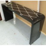 CONSOLE TABLE, black lacquer, contemporary style with ivory decorative pattern to top,