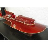 MODEL SPEEDBOAT IN WOOD, burgundy finish on stand, 80cm L.