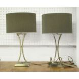 LAMPS, a pair, burshed metal with oval shades and round wall clock.
