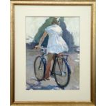 VIKTOR KOSHEVOI (1924-2006) 'Bicycle Stroll', oil on board, 1961, 50cm x 35cm, framed.