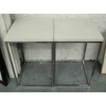 OCCASIONAL TABLES, a pair, white leather tops on aluminium bases, 40cm x 40cm x 64cm H.