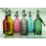 SODA SYPHONS, a set of six, various colours, 32cm H.