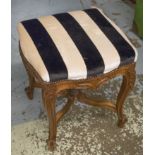 STOOL, late 19th century French walnut with seat in black and white striped velvet,