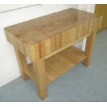 BUTCHERS BLOCK, with slatted undershelf on square supports, 123cm x 61cm x 92cm H.
