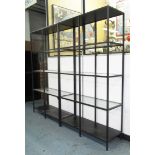 SHELVES, a pair, metal framed with three glass shelves, 100cm x 36cm x 176cm H.