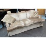 GEORGE SMITH SOFA, three seater in a gold velvet fabric, loose covers, on turned castor supports,