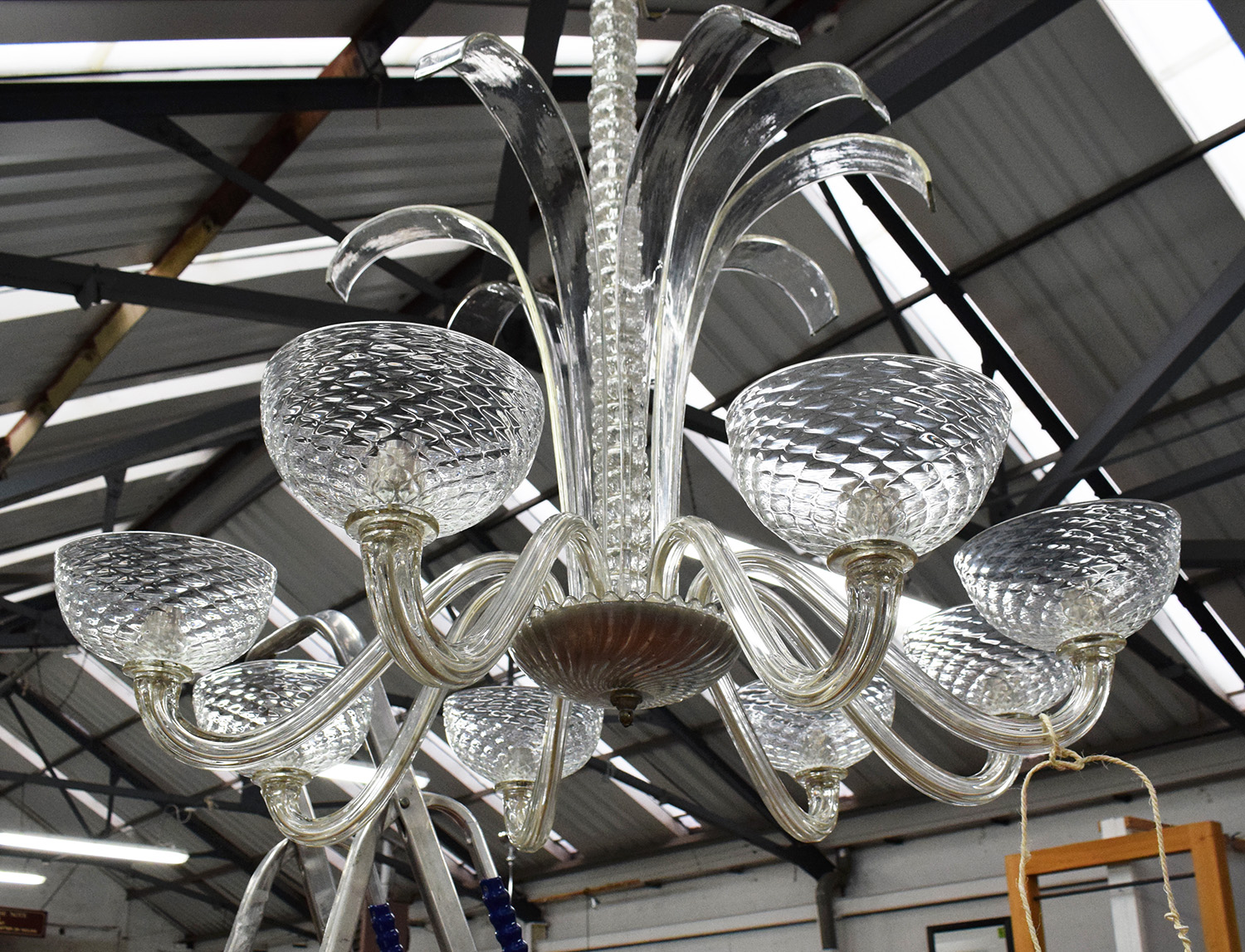 MURANO CHANDELIER, with eight branches swept arms on a glass stem, 115cm H.