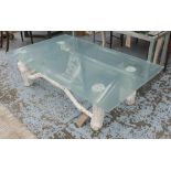 LOW TABLE, rectangular opaque glass top on white painted rustic supports, 45cm H x 153cm W x 91cm D.