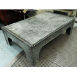 LOW TABLE, industrial design metal of rectangular riveted form, 38cm H x 130cm W x 84cm D.