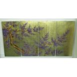 LACQUERED PANELS, a set of four, oriental blossom on a gold coloured ground,