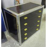 CHEST, 1970's chrome brass and black laminated with five long drawers below, 76cm x 72cm H x 46cm D.
