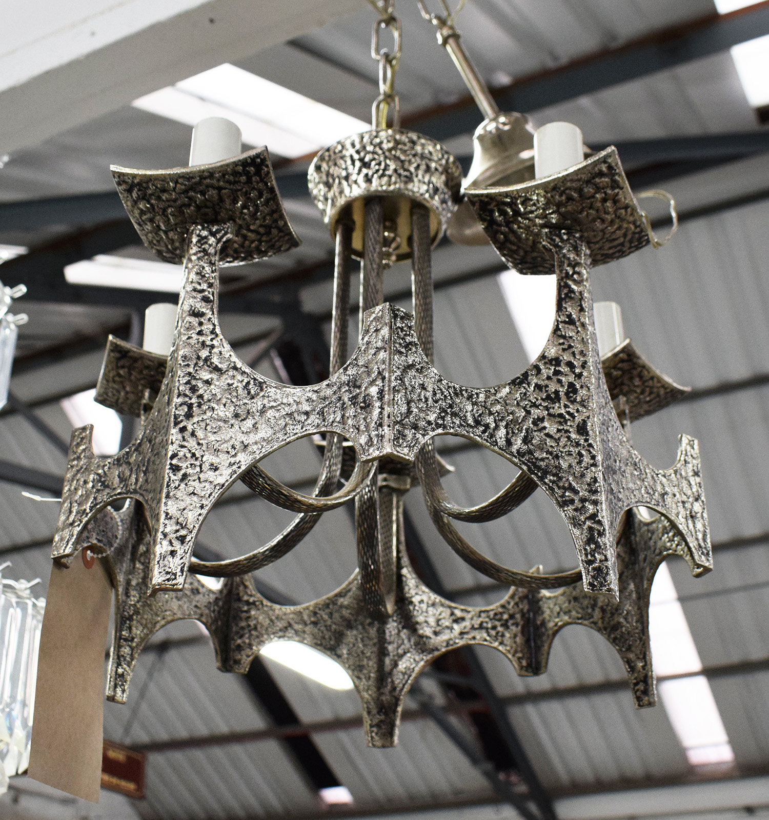 CHANDELIER, five branch, Gothic style in plated hammered metal finish, 39cm H plus chain.