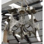 CHANDELIER, five branch, Gothic style in plated hammered metal finish, 39cm H plus chain.