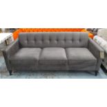SOFA, three seater, button back in grey fabric on square ebonised supports, 195cm L.