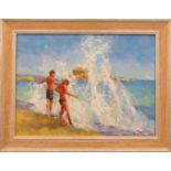 SERGEI MENYAYEV (b.1953) 'Fun by the Sea', oil on canvas, 30cm x 40cm, framed.