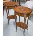 OCCASIONAL TABLES, a pair, Louis XV design tulipwood marquetry and gilt metal mounted each,