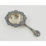 RUSSIAN SILVER AND CLOISONNÉ ENAMEL TEA STRAINER, makers mark of Gustav Klingert,