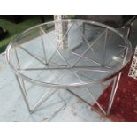 LOW CIRCULAR TABLE, with glass top on a chromed metal tubular base, 80cm Dia x 44cm H.