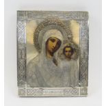 RUSSIAN ICON, with hallmarked silver oklad, depicting mother of God and infant Christ, 27cm H x 22.